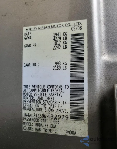 2009 Nissan Altima 2.5 z USA, uszkodzony, nr VIN 1N4AL21E59N432929